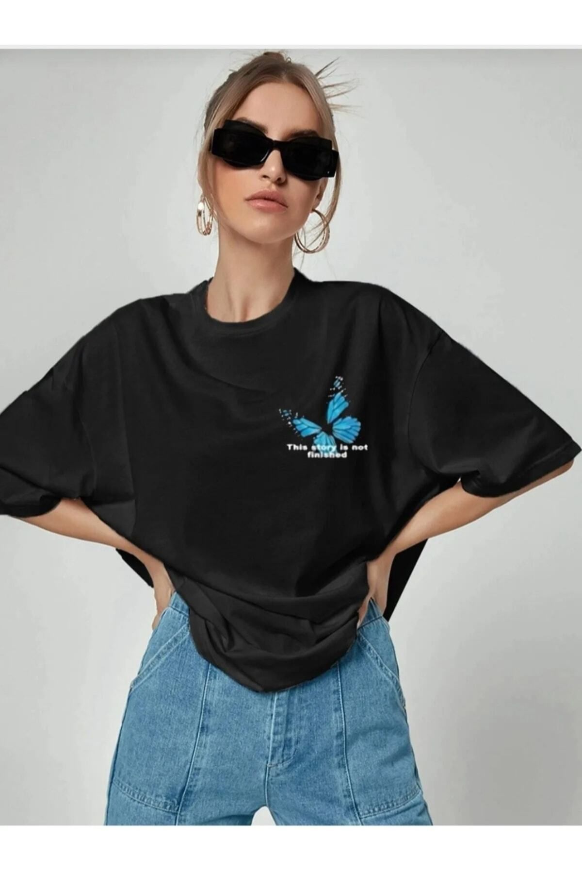 NİCE Kadın Oversize Kelebek Baskılı T-shirt
