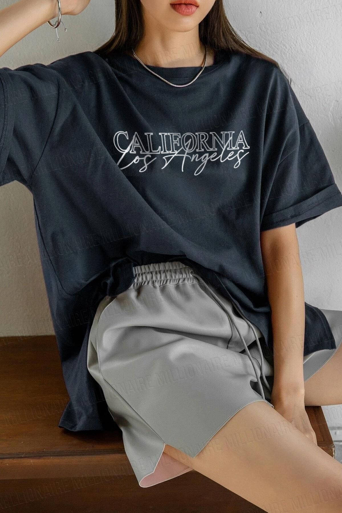NİCE - Kadın California Lacivert Los Angeles Bisiklet Yaka Oversize Salas T-Shirt