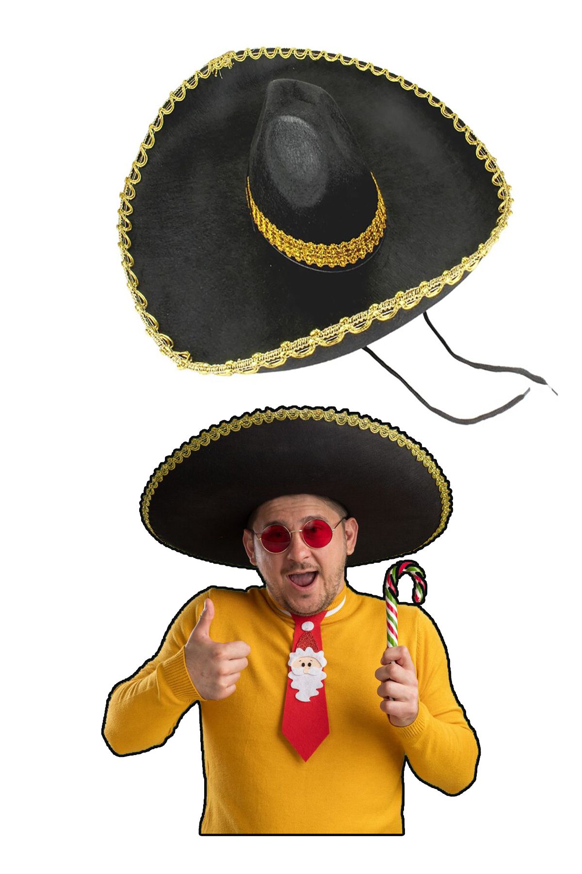 Parti Dolabı Meksika Şapkası Gold Renk Şeritli Ispanyol Mariachi Latin Şapkası Çoçuk Yetişkin 38 cm