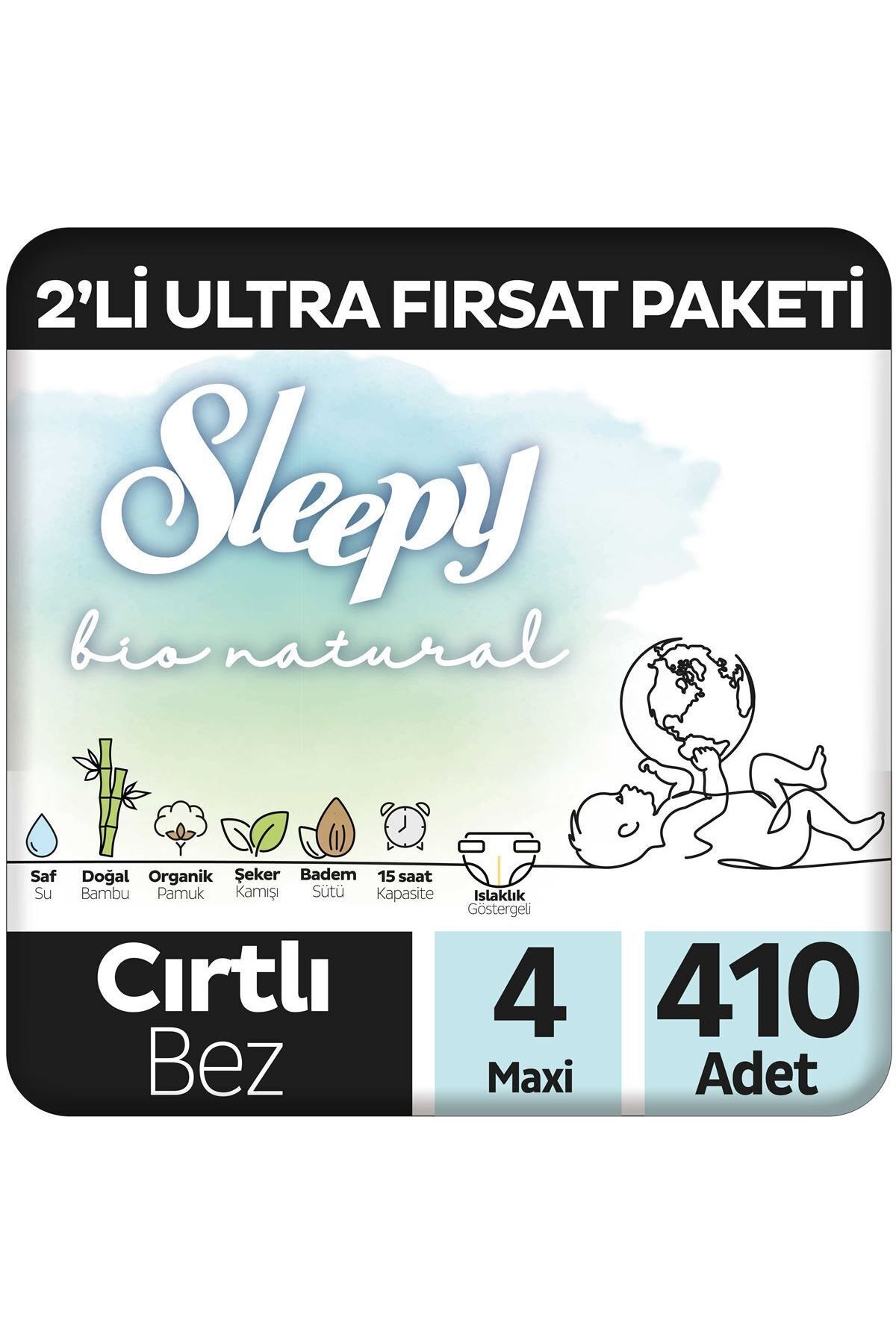 Sleepy Bio Natural 2'Li Ultra Fırsat Paketi Bebek Bezi 4 Numara Maxi 410 Adet