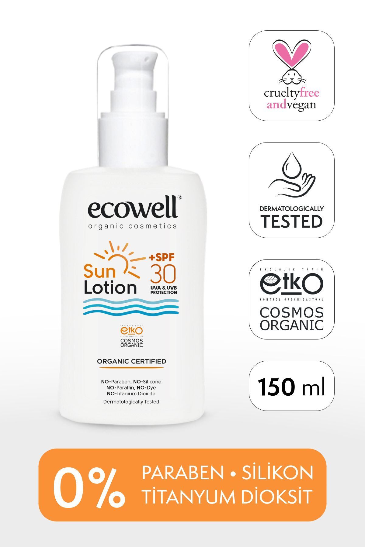 Ecowell Güneş Losyonu, 30 Spf Organik & Vegan Sertifikalı, Mineral Filtre Yüz Ve Vücut, Uva Uvb Koruma 150ml