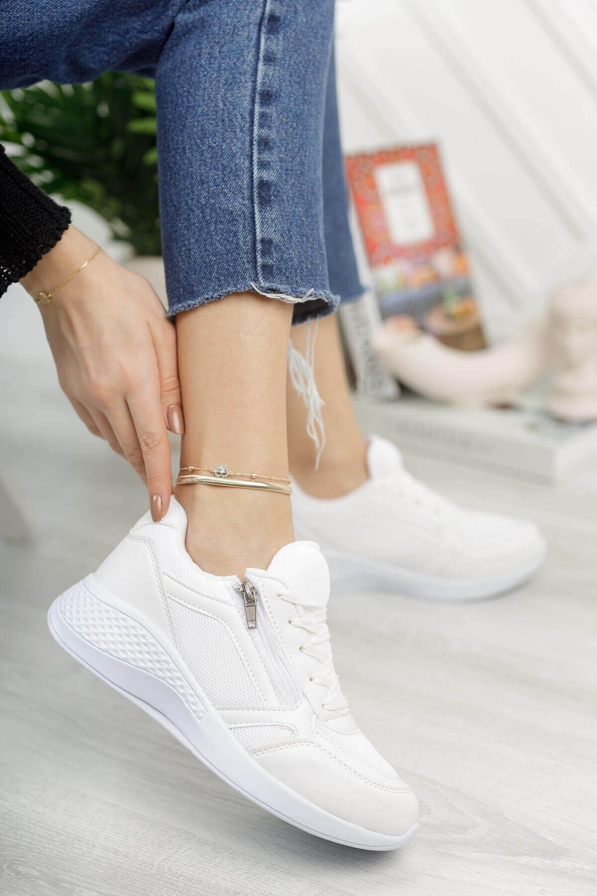 Rimex Kadın Beyaz Fermuarlı Simli Sneaker