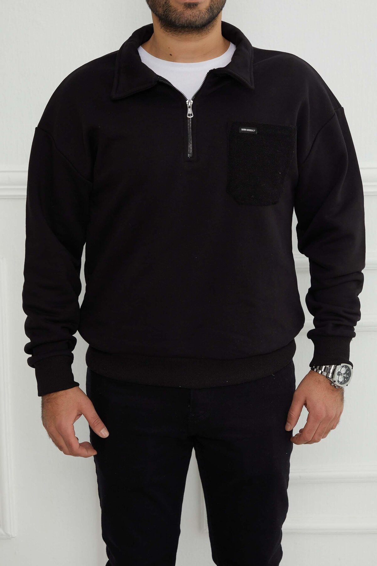 Five Pocket Hscstore Erkek Fermuarlı Cep Detaylı Siyah Sweatshirt - 6034