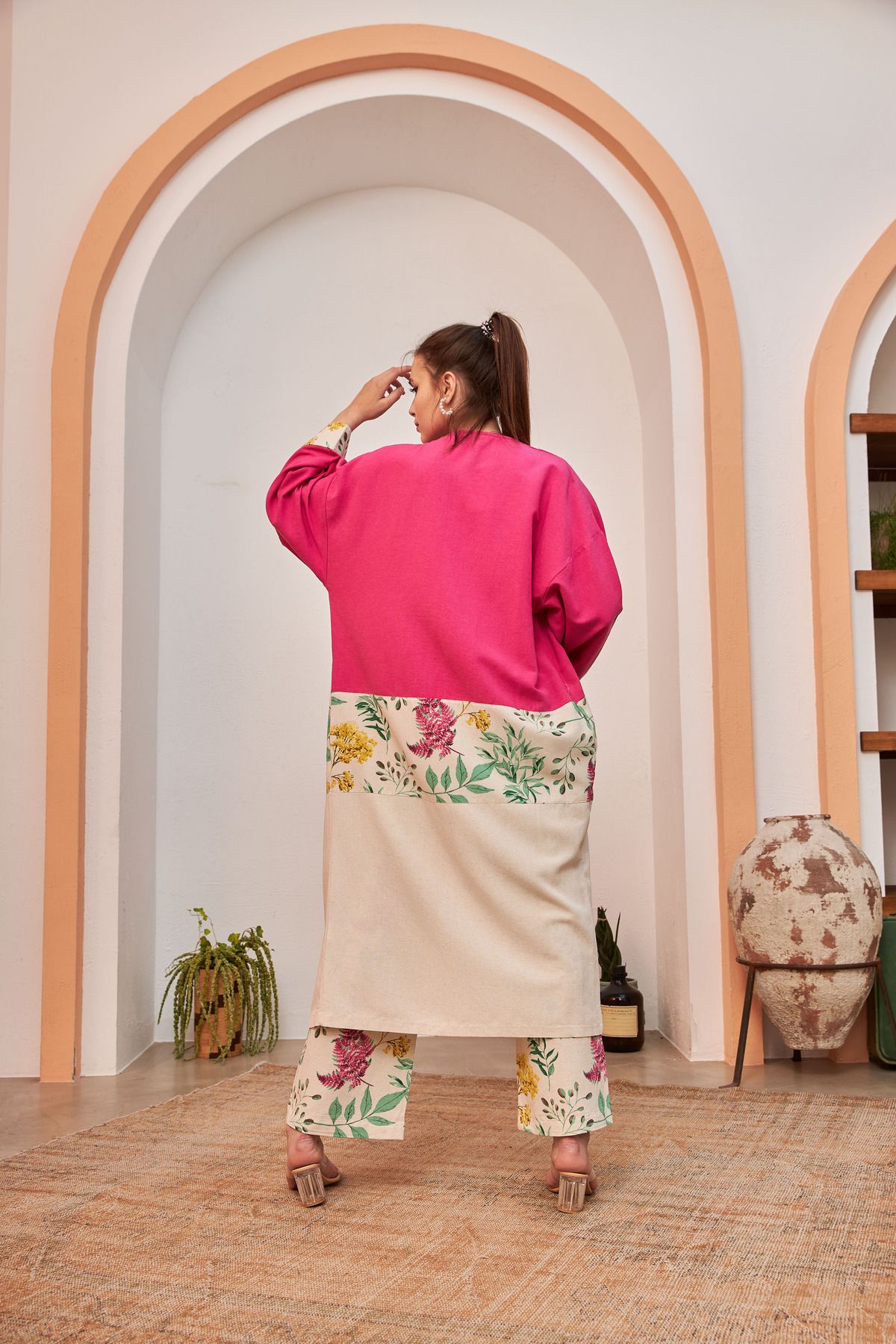 MİA NOURA kimono uzun cicek nesenli garnili keten kumaş