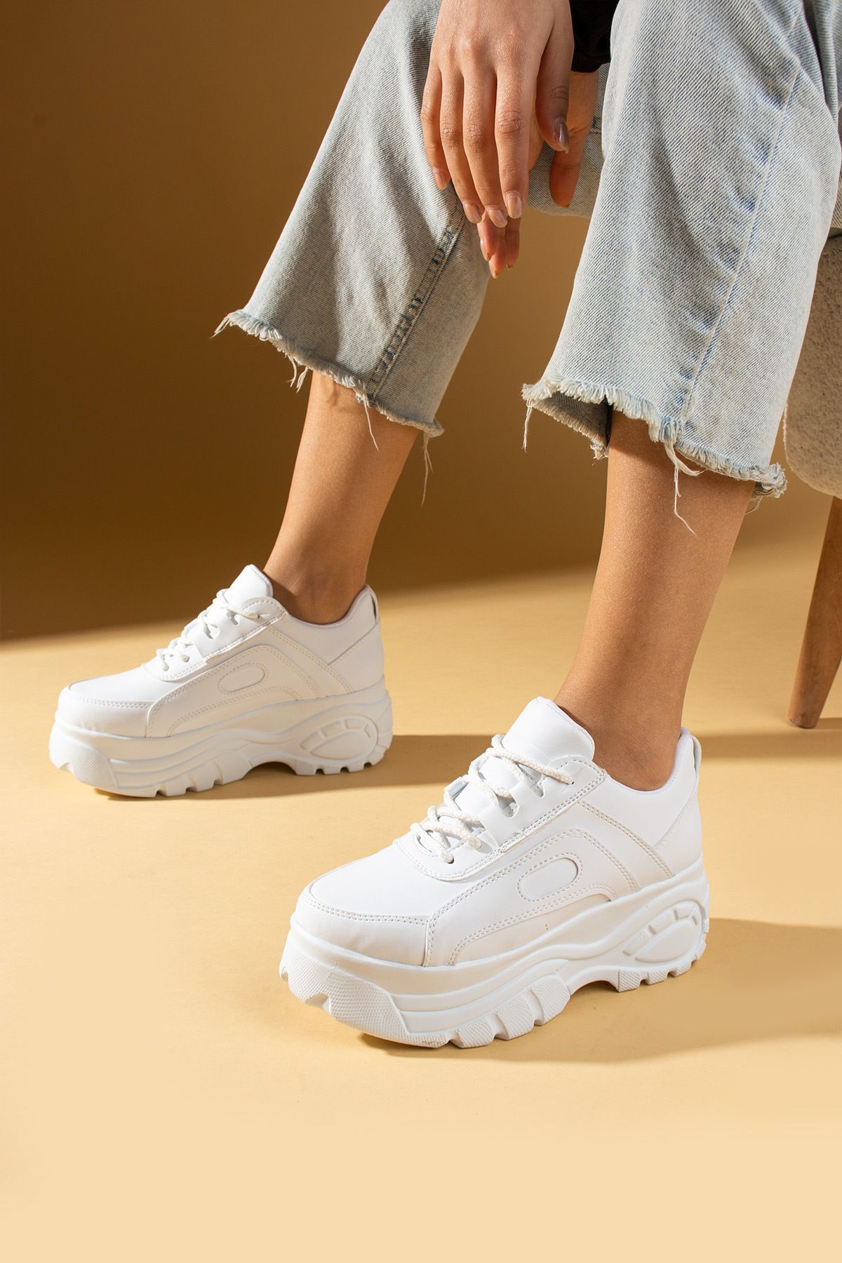 Pembe Potin Beyaz Kadın Spor Sneaker Bağcıklı Günlük Kalın Rahat Taban Ayakkabı