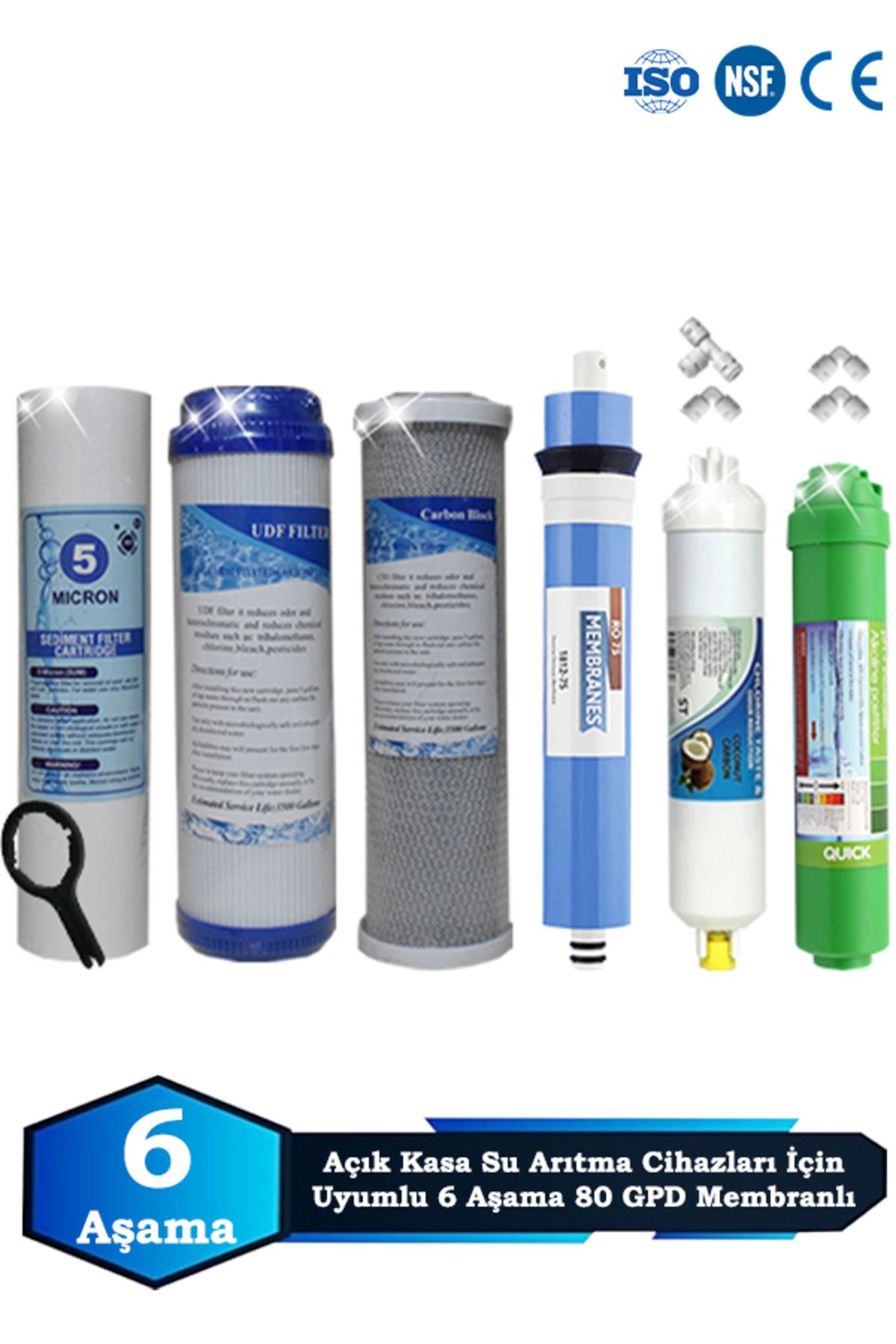 Sumarkt Açık Kasa Su Arıtma Cihazı Uyumlu 6 Aşama Cift Karbonlu 80 GPD Membranlı Alkalinli Filtre Bakım Seti
