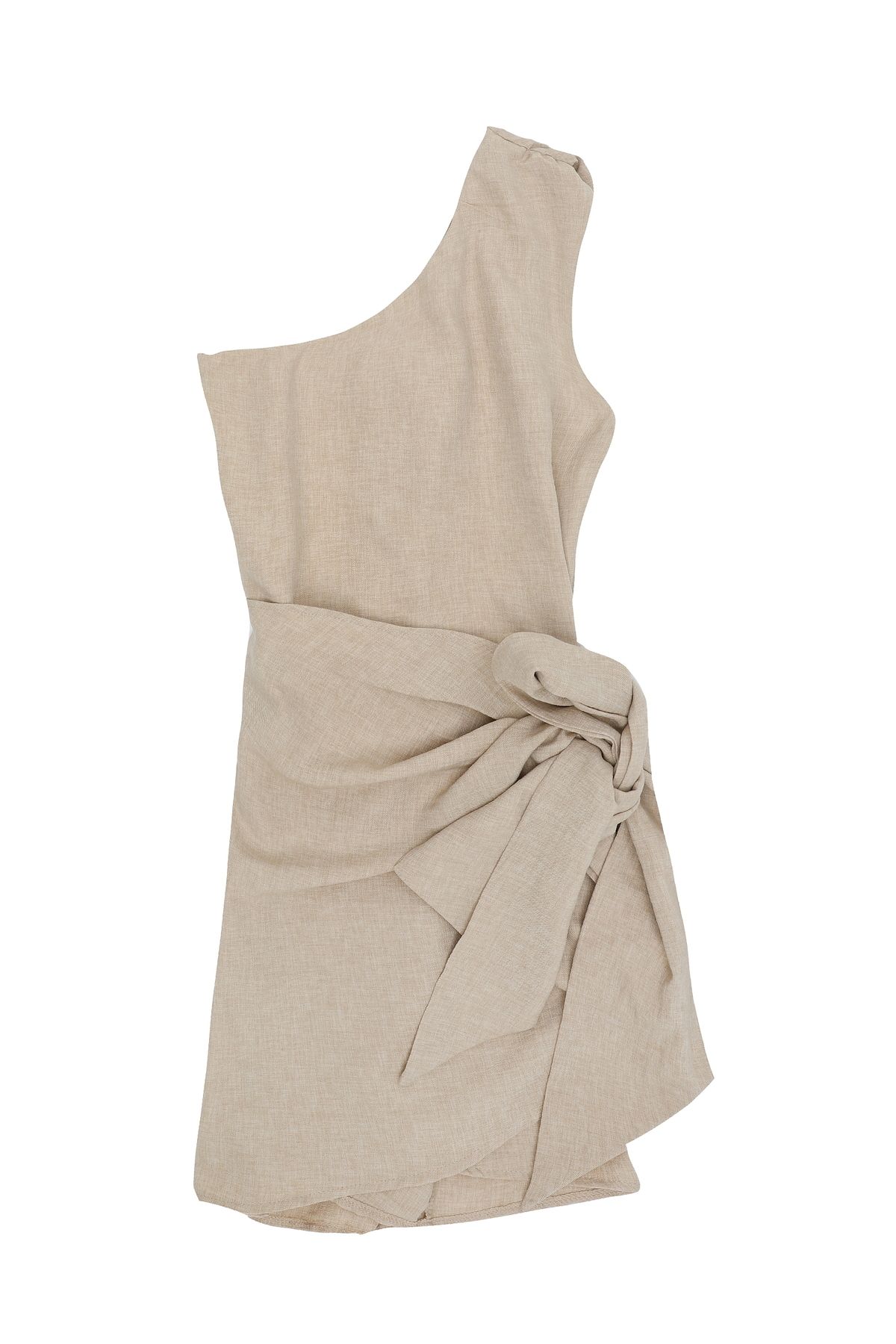 Quzu Bağlama Detaylı Tek Omuz Mini Elbise Taş