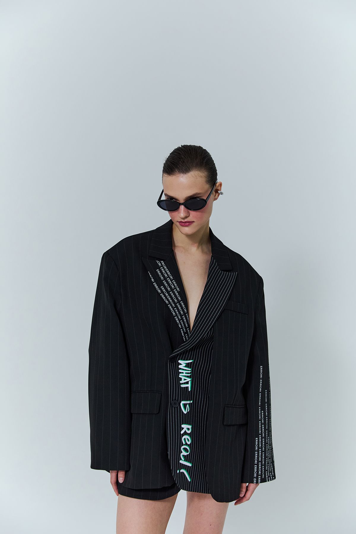 Quzu Çizgili Yazı Baskılı Oversize Tasarım Blazer Ceket