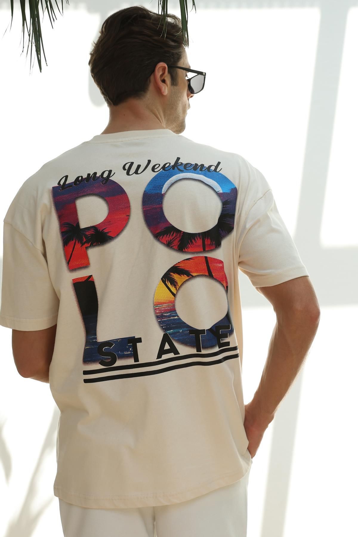 Polo State Erkek Polo Baskılı Oversize T-shirt Ekru
