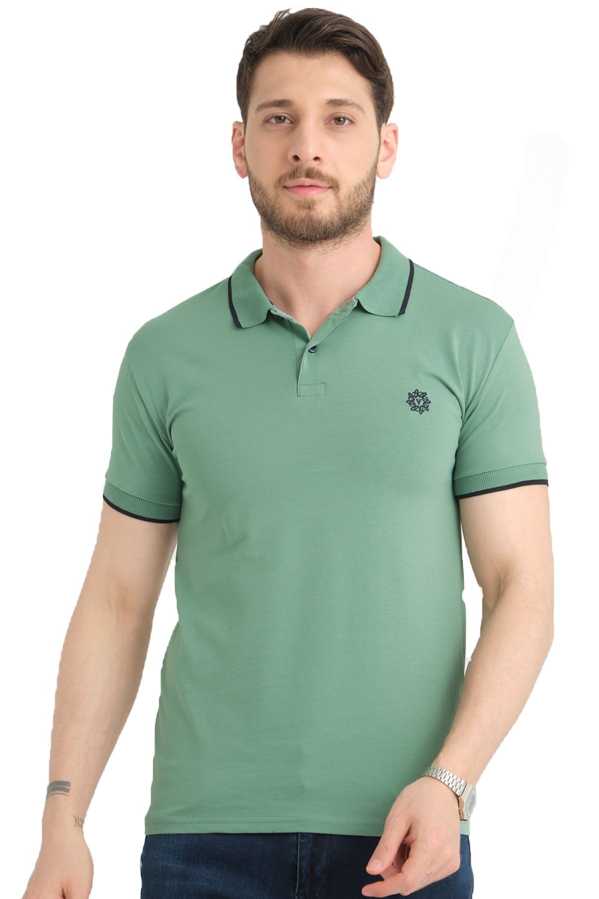 Varetta Erkek Yosun Yeşili Polo Yaka Biyeli Yazlık Pamuklu Kısa Kollu T shirt