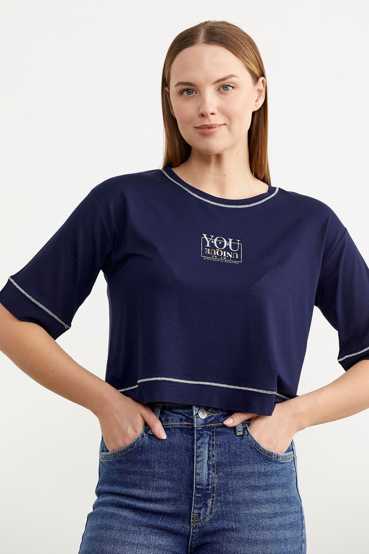 Sementa Sim Detaylı Oversize Crop Tişört - Lacivert