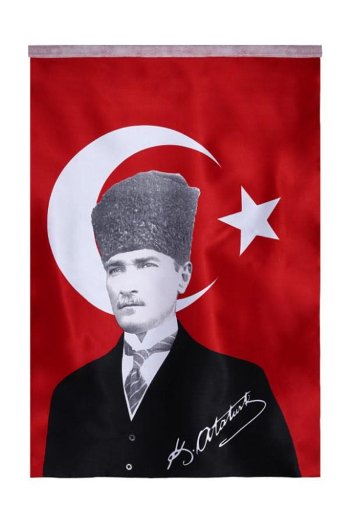 Nostaljik Lezzetler Türk Bayrağı Kalpaklı Atatürk Posterli Saten Türk Bayrağı K.Atatürk İmzalı Türk Bayrağı 70x100