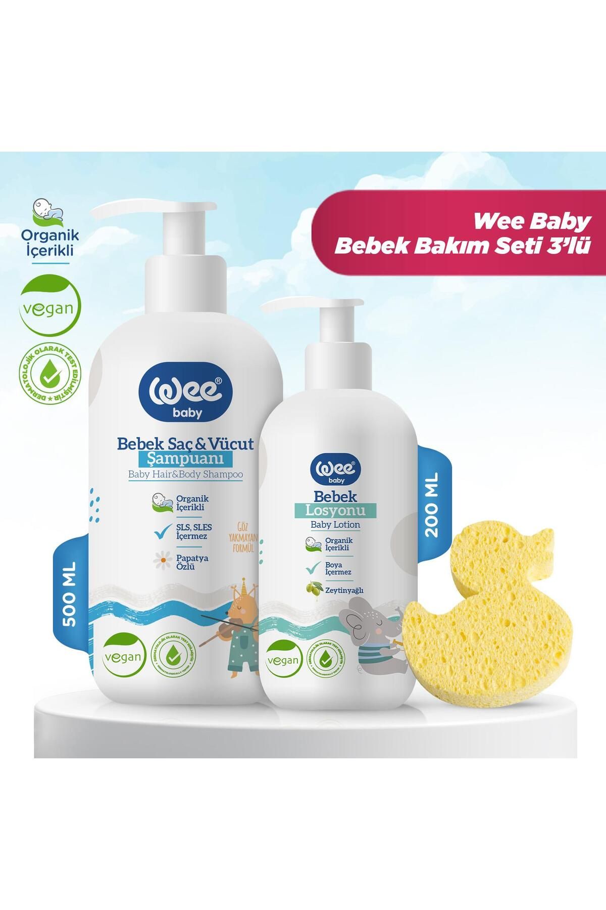 Wee Baby Organik Bebek Şampuan 500 ml Losyon 200 ml Banyo Süngeri 3'lü Duş Bakım Seti