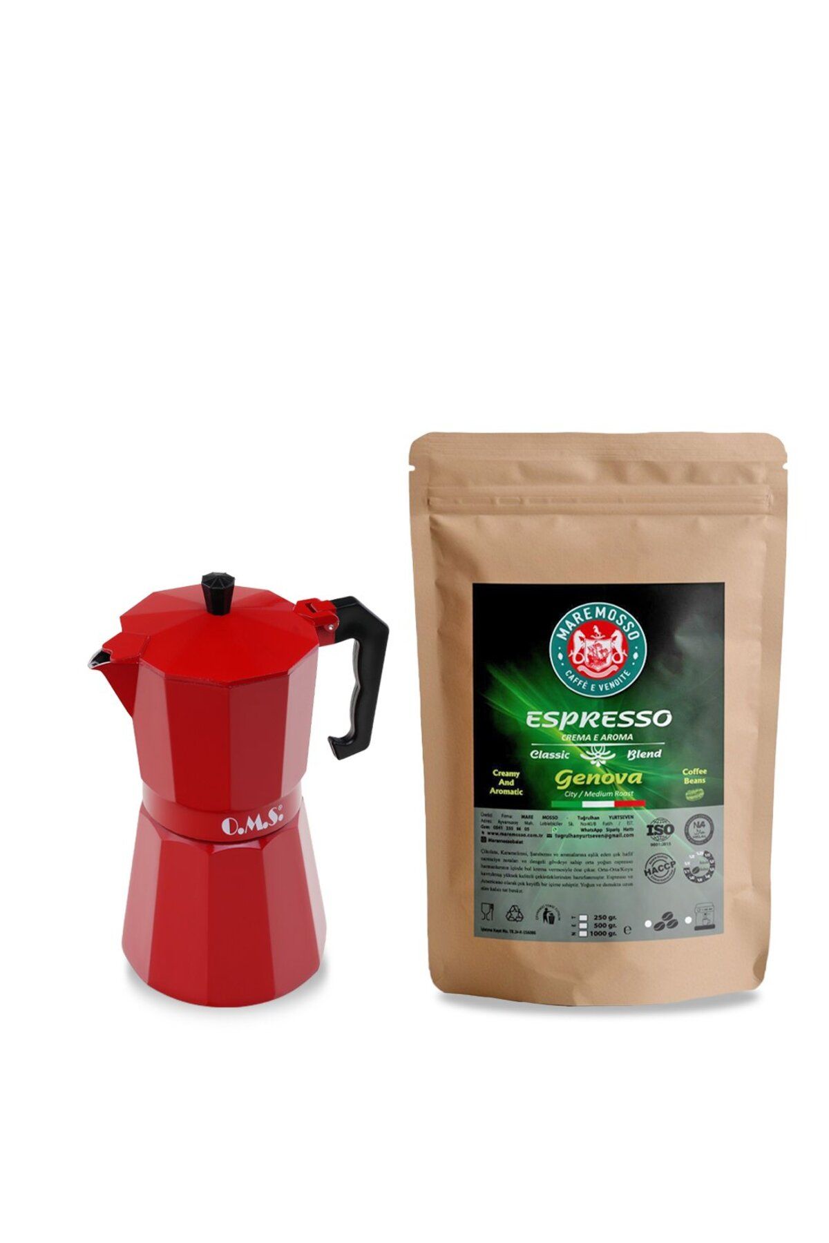 Mare Mosso Caffe ê Vendite Genova Espresso Kahve 250 Gr. & Moka Pot (Kırmızı) 1. Set