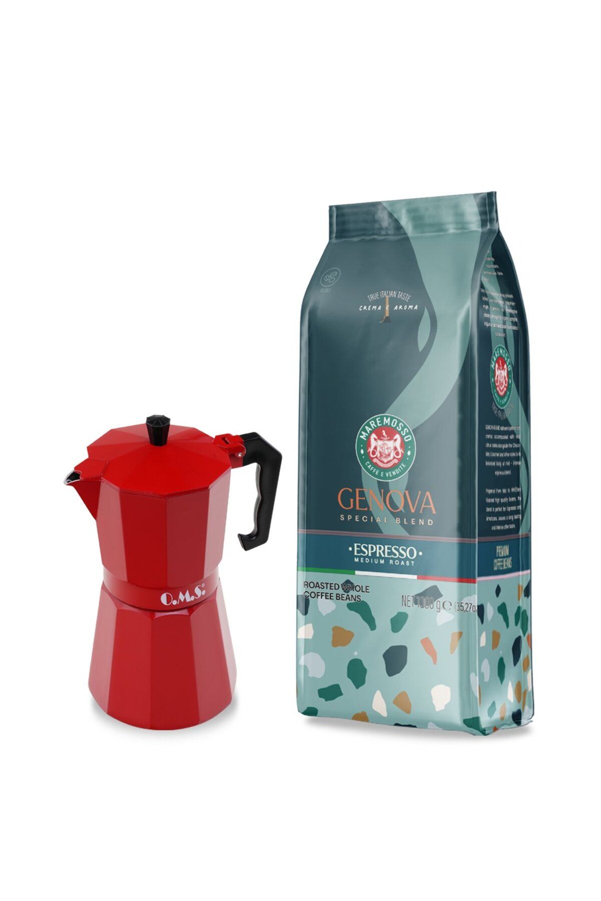 Mare Mosso Caffe ê Vendite Genova Espresso Kahve 1Kg. & Moka Pot (Kırmızı) 1. Set