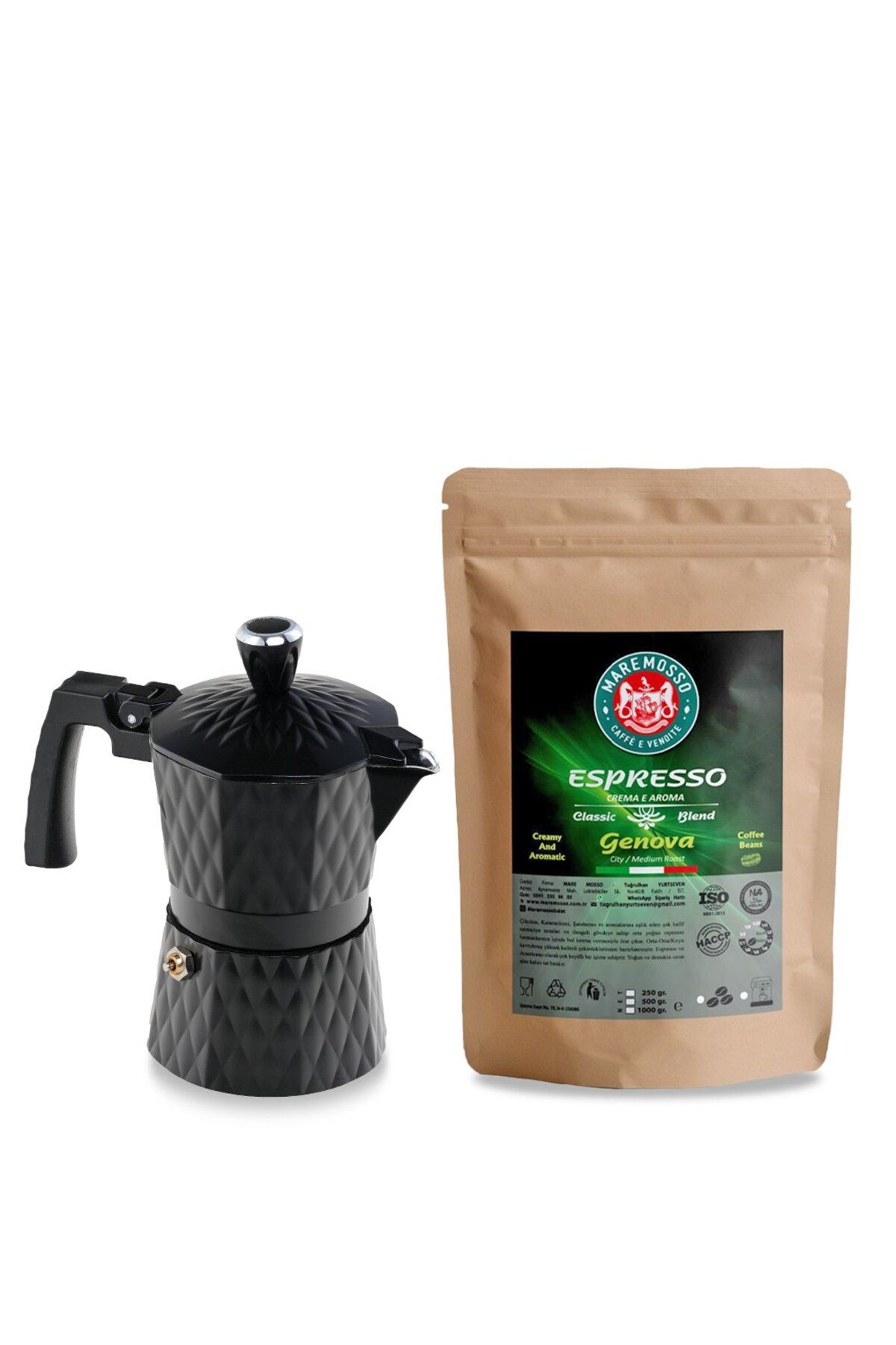 Mare Mosso Caffe ê Vendite Genova Espresso Kahve 250 Gr. & Moka Pot 3 Cup. (Siyah) 1. Set