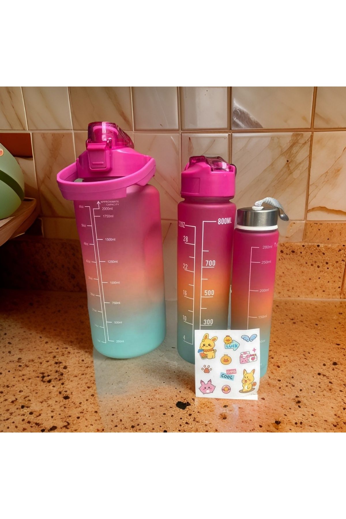 yesilcamsepeti 3’lü Motivasyonel Su Matarası, 2 Litre 750 Ml 300 Ml BPA İçermez Suluk (Pipetli ve Sticker Hediyeli)