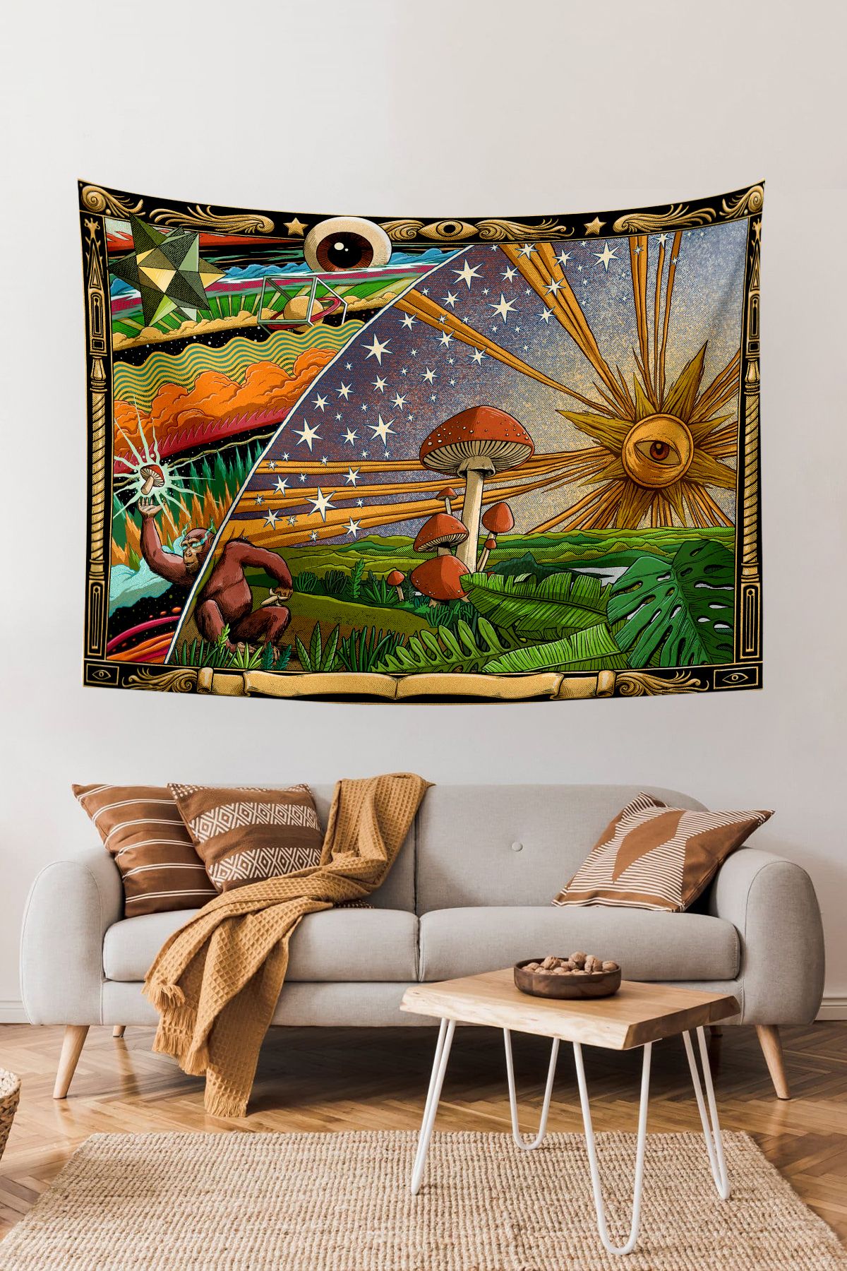 KanvasSepeti Mantar Trip Güneş Kozmik Psychedelic Duvar Örtüsü Yağlı Boya Dokulu