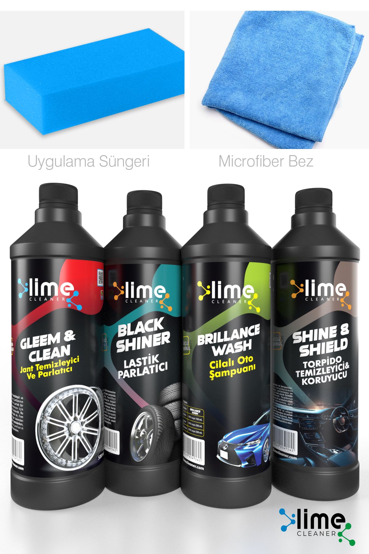 Lime Cleaner Oto Bakım Seti Cilalı Araba Şampuanı Jant Torpido Temizleyici Lastik Parlatıcı Sünger Hediyeli