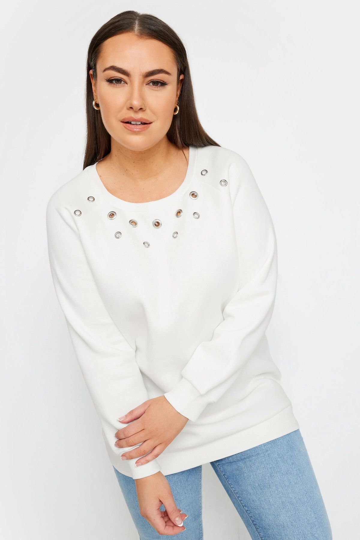 Stil Diva Büyük Beden Bisiklet Yaka Kuşgözü Detaylı Uzun Kollu Sweatshirt 302996