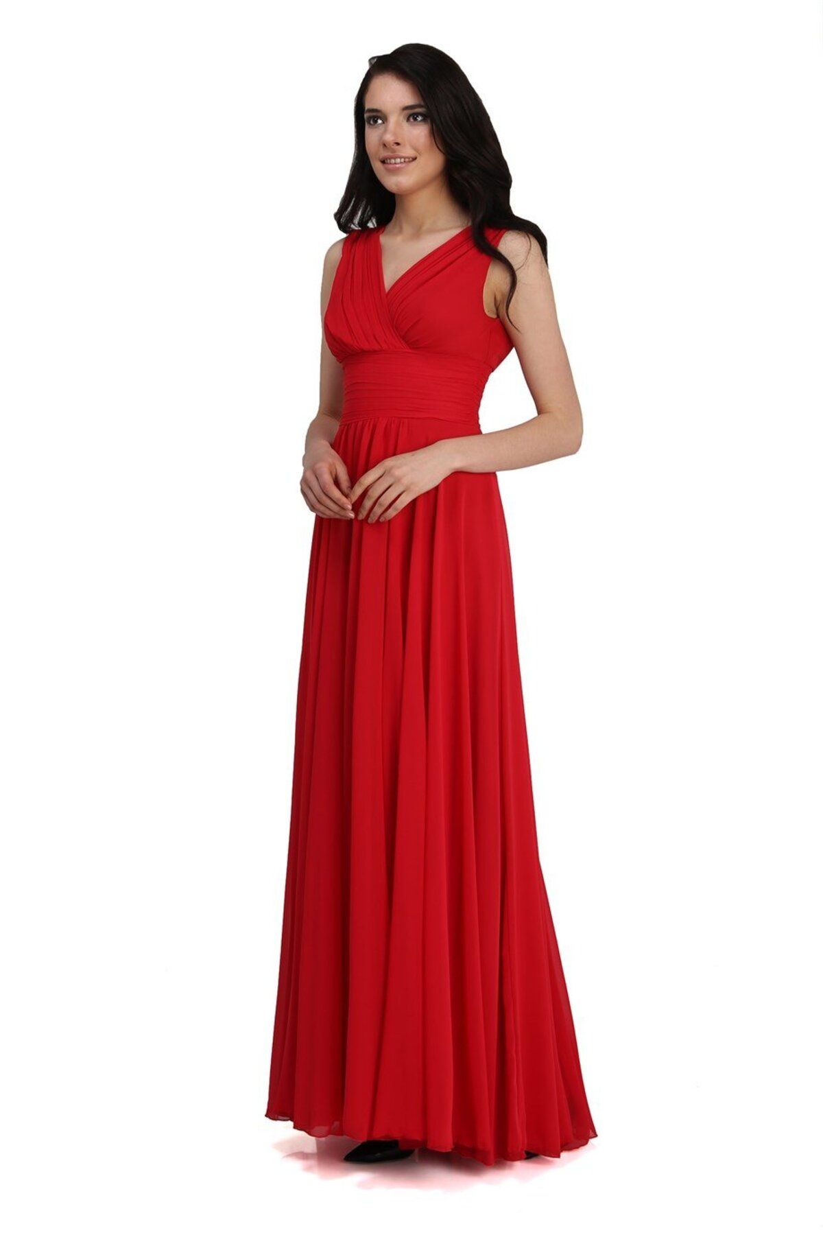 Pierre Cardin Carmen Kırmızı Şifon V Yaka Uzun Abiye Elbise