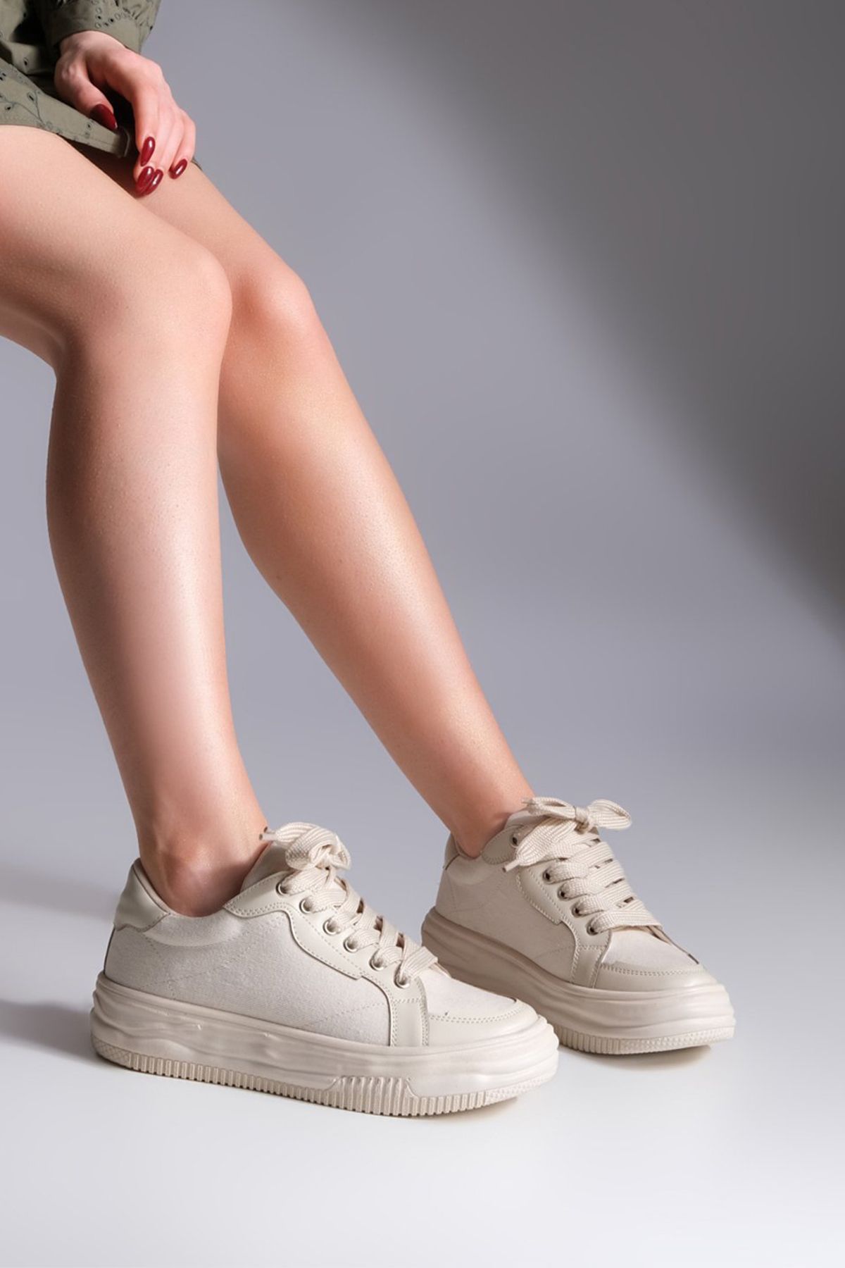 Marjin Kadın Sneaker Yüksek Taban Bağcıklı Spor Ayakkabı Lüteb Bej