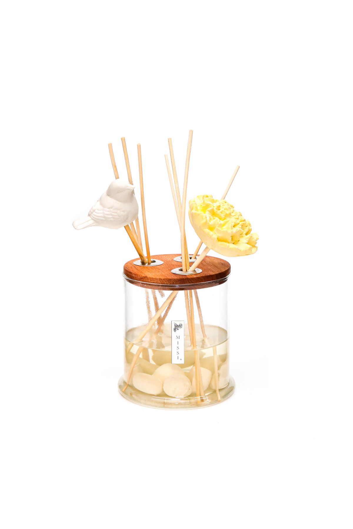 Missi 250 ml Dekorlu Oval Üfleme Cam Şişe Çiçek Ve Kuş Taş Çubuklu Amber Çiçeği Oda Kokusu