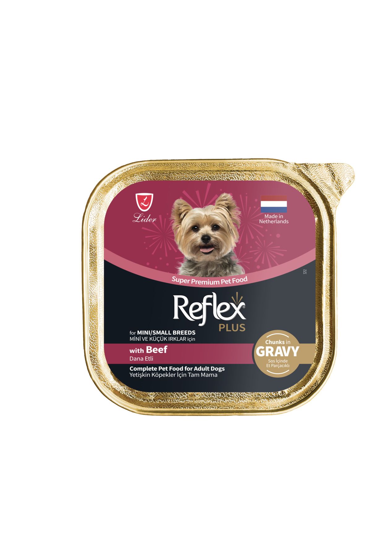 Reflex Plus Alu Tray 85 gr Biftekli Sos içinde Et Parçacıklı Küçük ırk köpek için Yaş mama