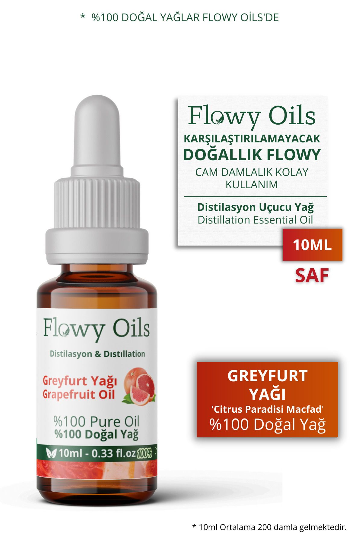 Flowy Oils Greyfurt Yağı %100 Doğal Bitkisel Uçucu Yağ Grapefruit Oil 10ml