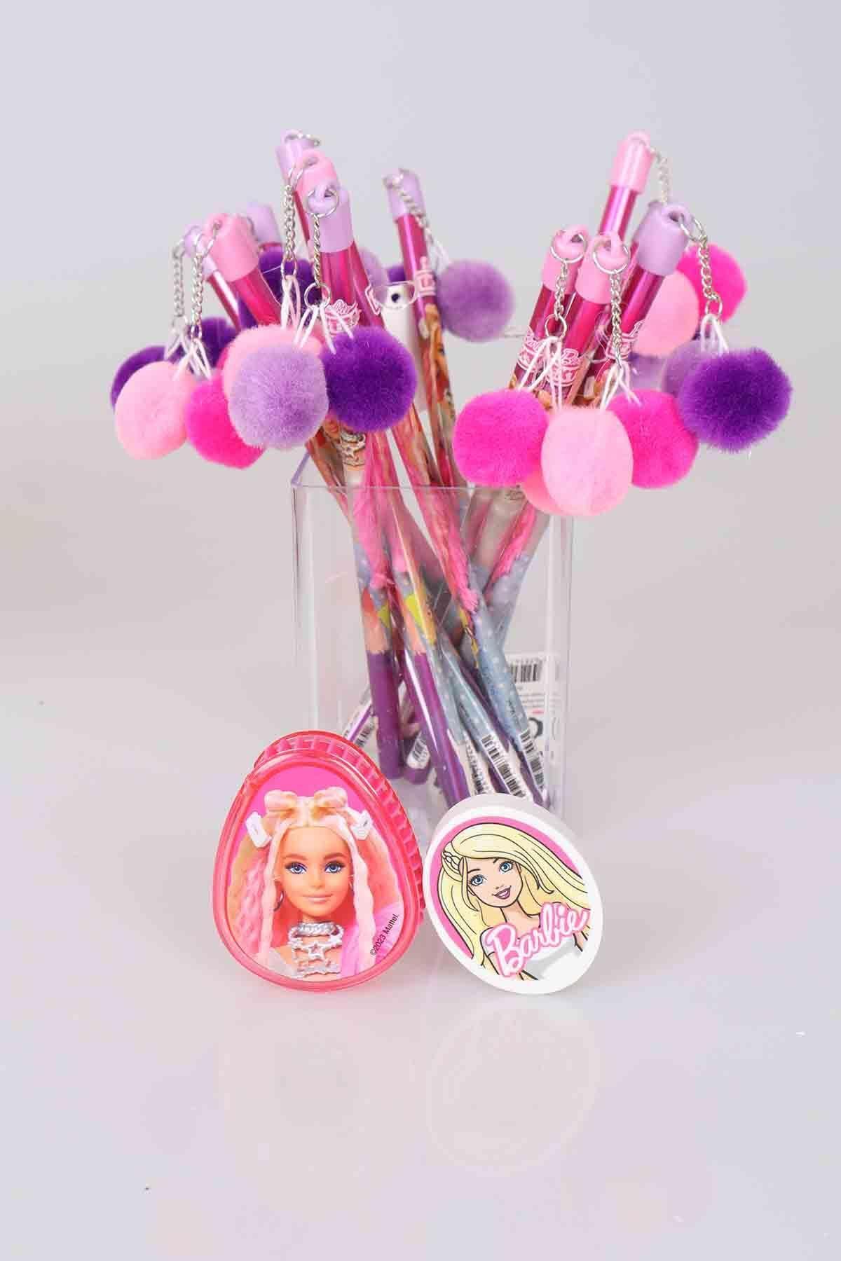 Barbie LİSANSLI BARBIE PONPON BAŞLIKLI KURŞUN KALEM , KALEMTRAŞ VE OVAL SİLGİ KIRTASİYE SETİ