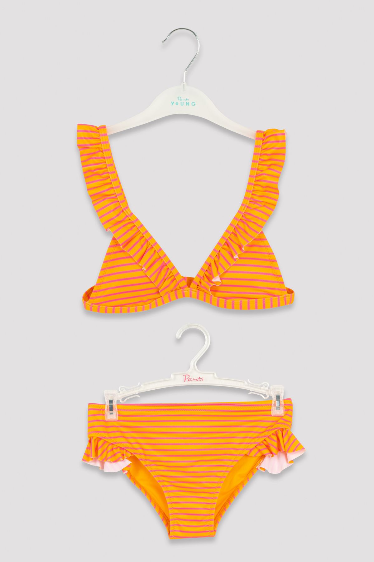 Penti Çok Renkli Kız Çocuk Çizgili Fırfırlı Üçgen Bikini Takımı