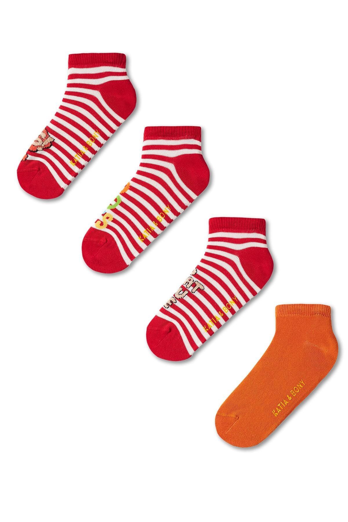 Katia & Bony 4'lü Paket Çocuk Baskılı Kırmızı Beyaz Çizgili Patik Çorap