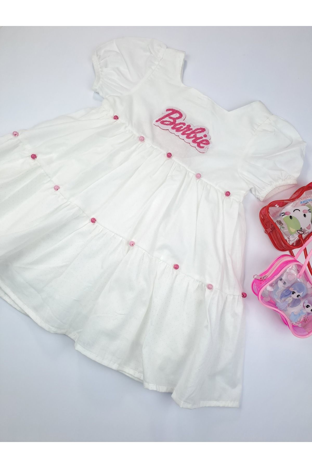 Barbie Kız Çocuk Beyaz Barbie Boncuk Detaylı Elbise