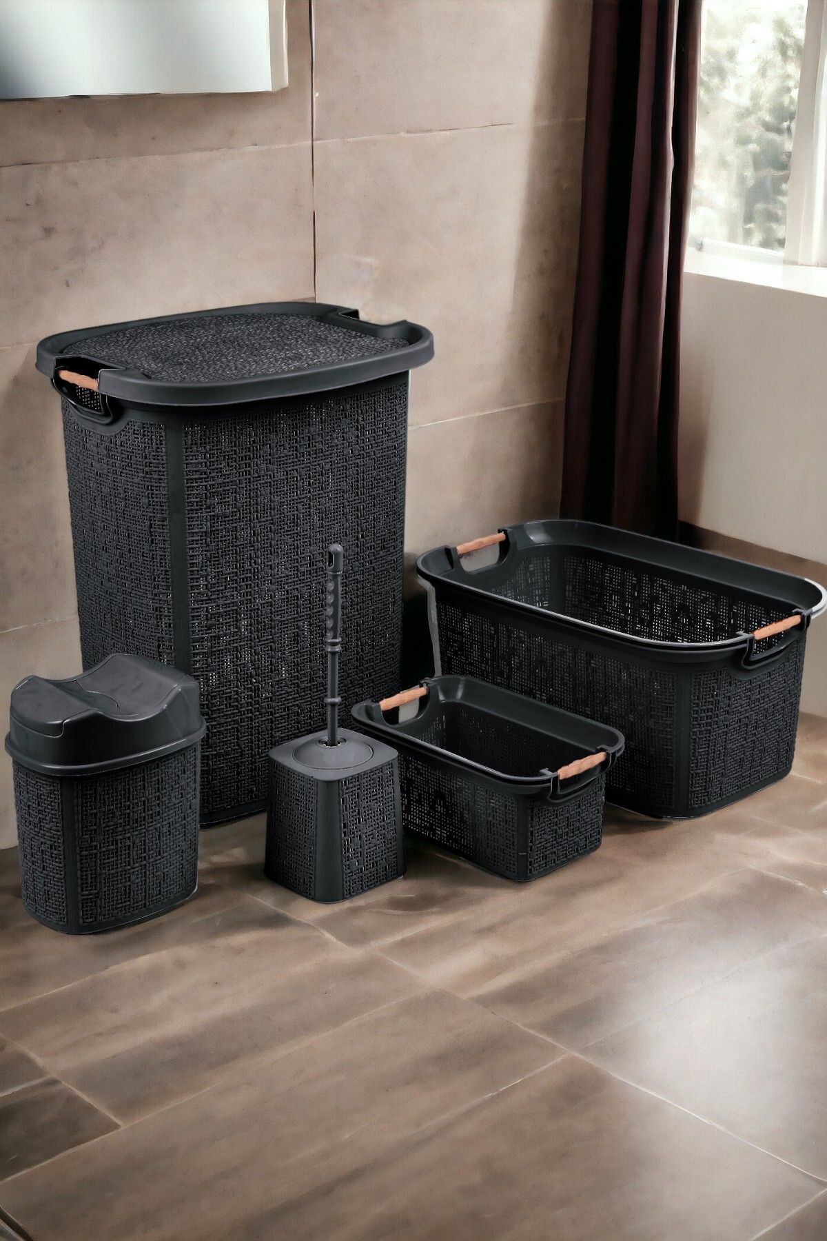 İronika 5 Parça Kirli Çamaşır Sepeti Çöp Kovası Klozet Fırçası Banyo Tuvalet Klozet Takımı Çeyiz Set