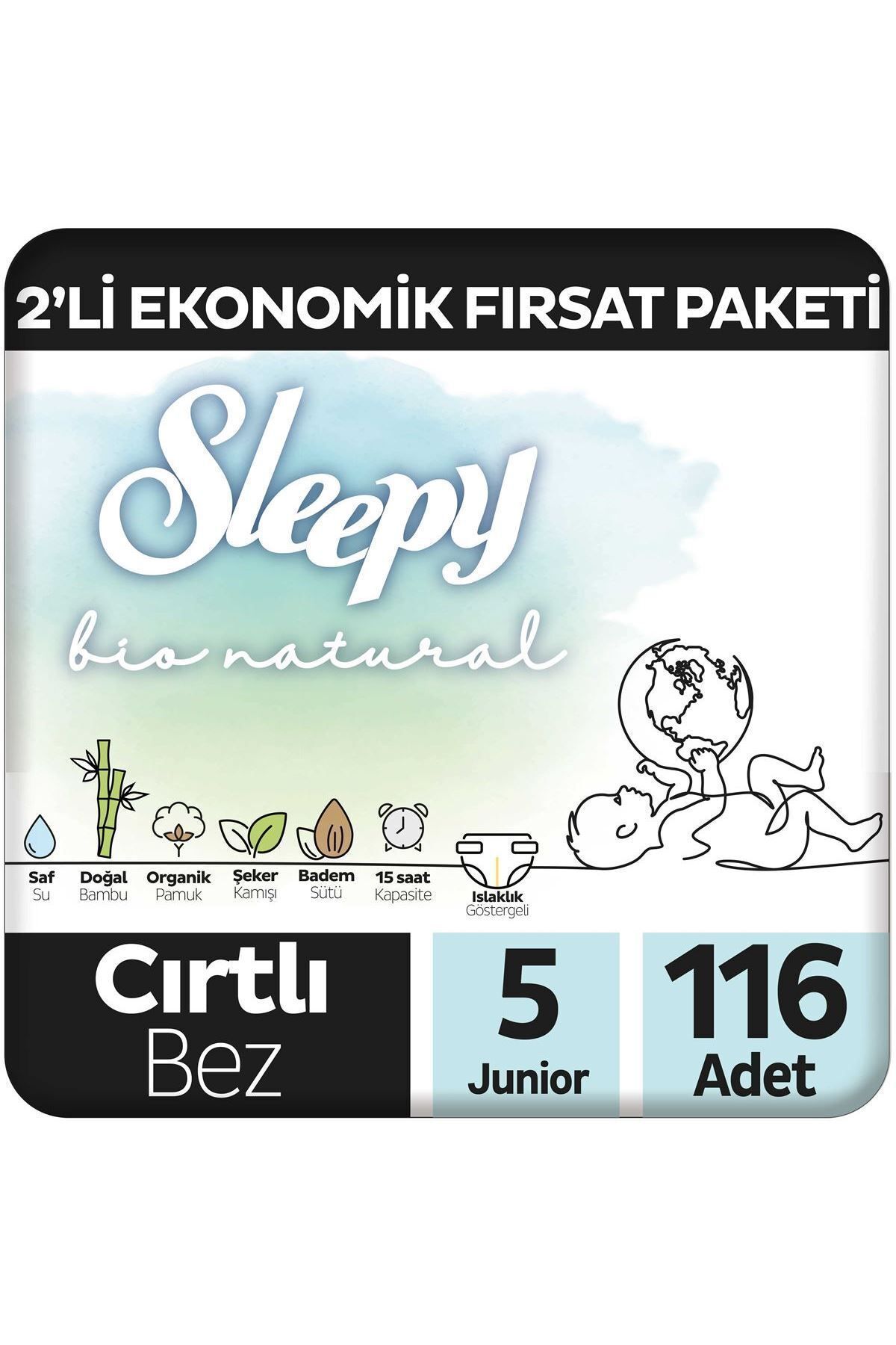 Sleepy Bio Natural 2'Li Ekonomik Fırsat Paketi Bebek Bezi 5 Numara Junior 116 Adet