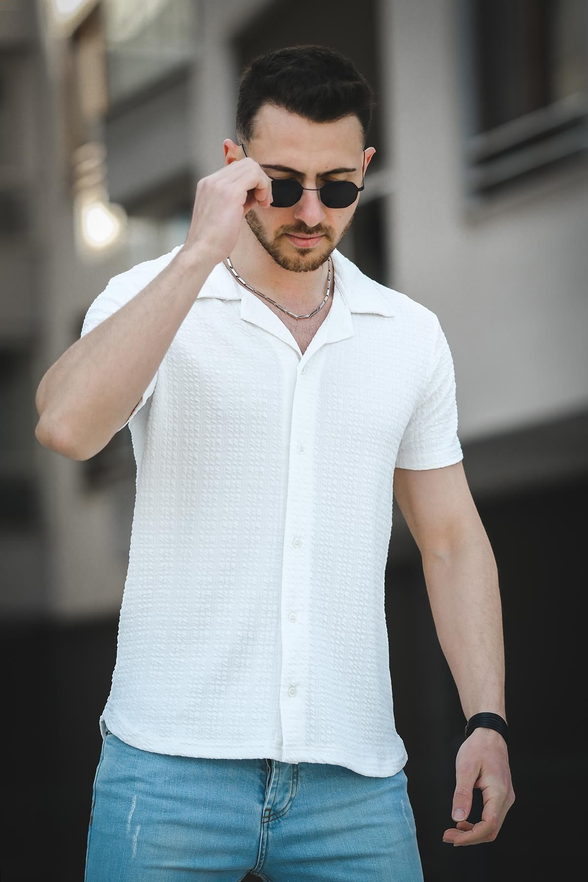 Oksit Ares Dokulu Slim Fit Full Likralı Kısa Kol Apaç Yaka Erkek Gömlek
