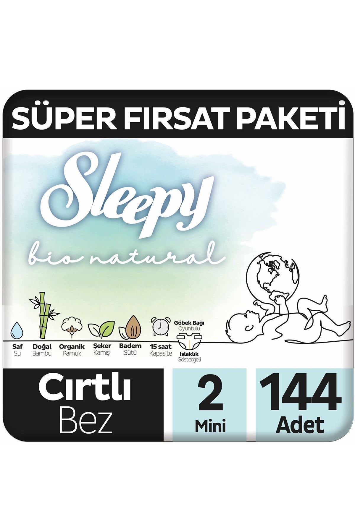 Sleepy Bio Natural Süper Fırsat Paketi Bebek Bezi 2 Numara Mini 144 Adet