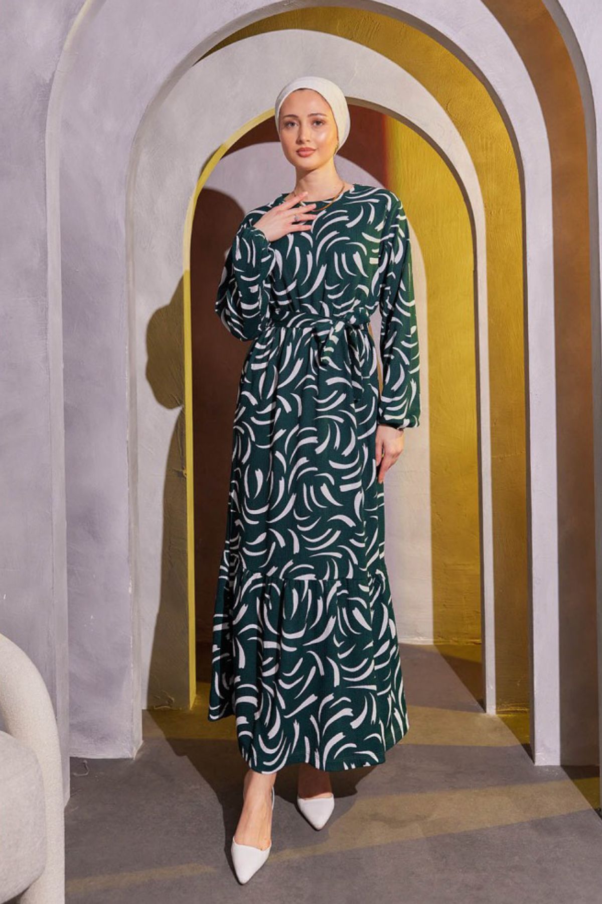 Bold Grup Kadın Yeşil Eteği Fırfırlı Desenli Bürümcük Tesettür Elbise