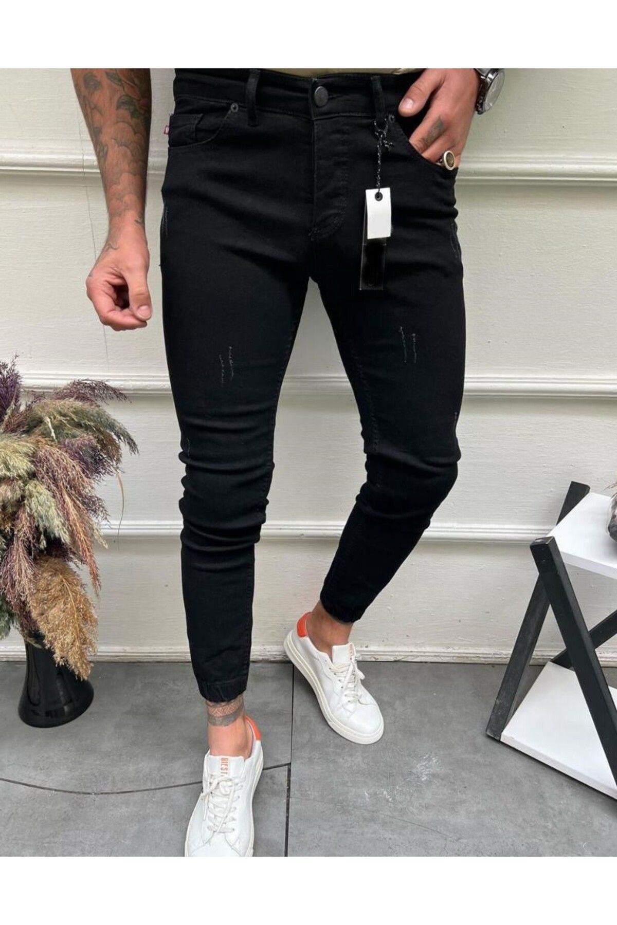 moda biz Erkek Siyah Tırnaklı Jean Italyan Kesim Denım Kot Pantolon