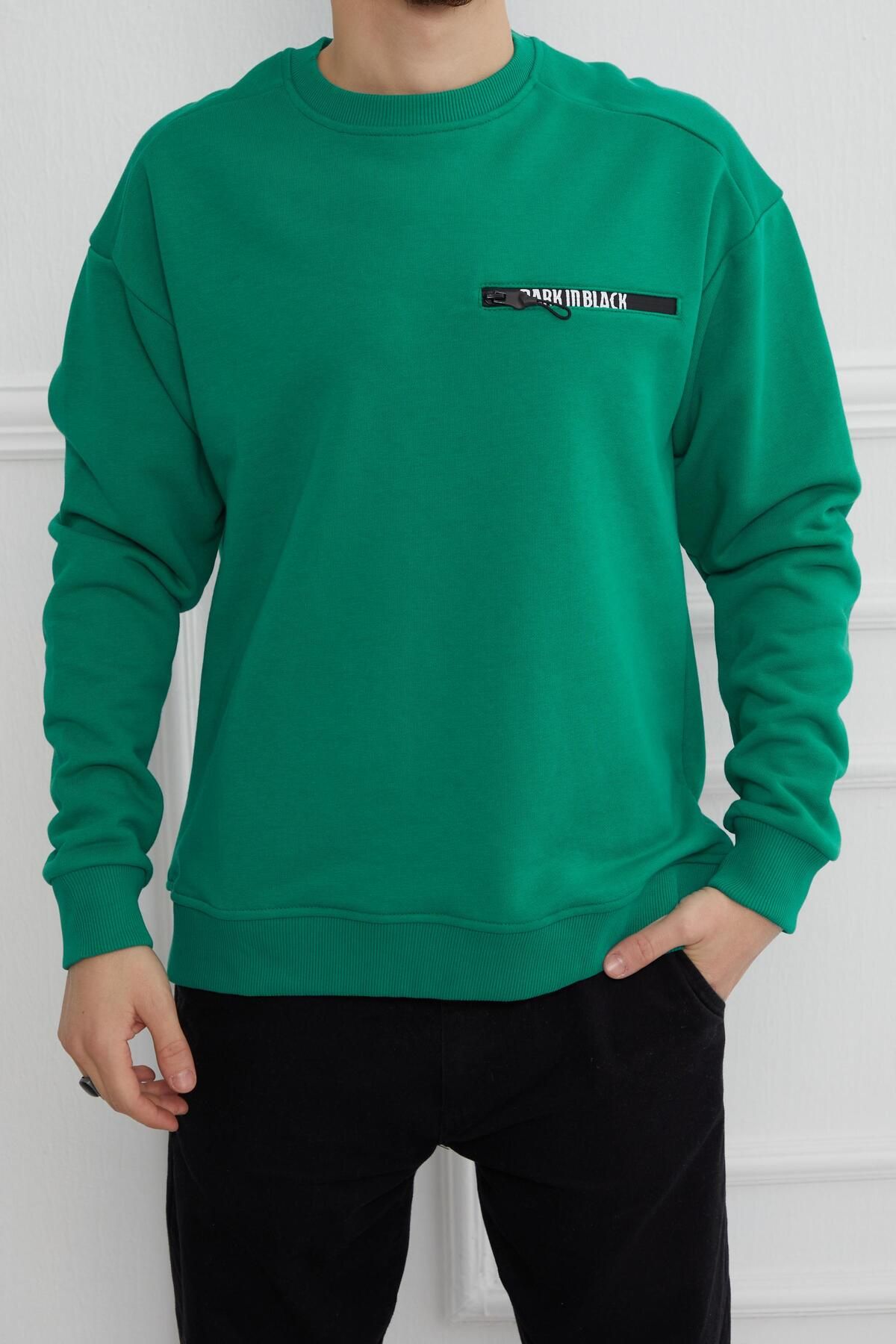 Five Pocket Hscstore Erkek Fermuar Detaylı Zümrüt Yeşili Sweatshirt - 6030
