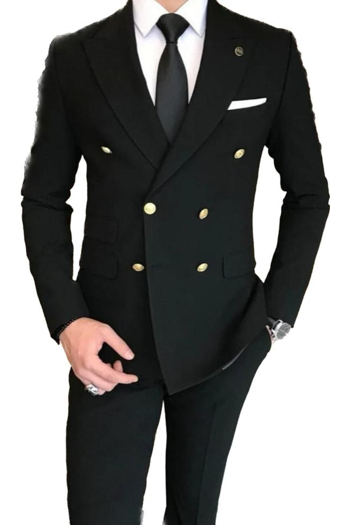 MASSARO Kruvaze Slim Fit Takım Elbise (mendilli Kravat & Yaka Zincir Aksesurı Hediyeli)