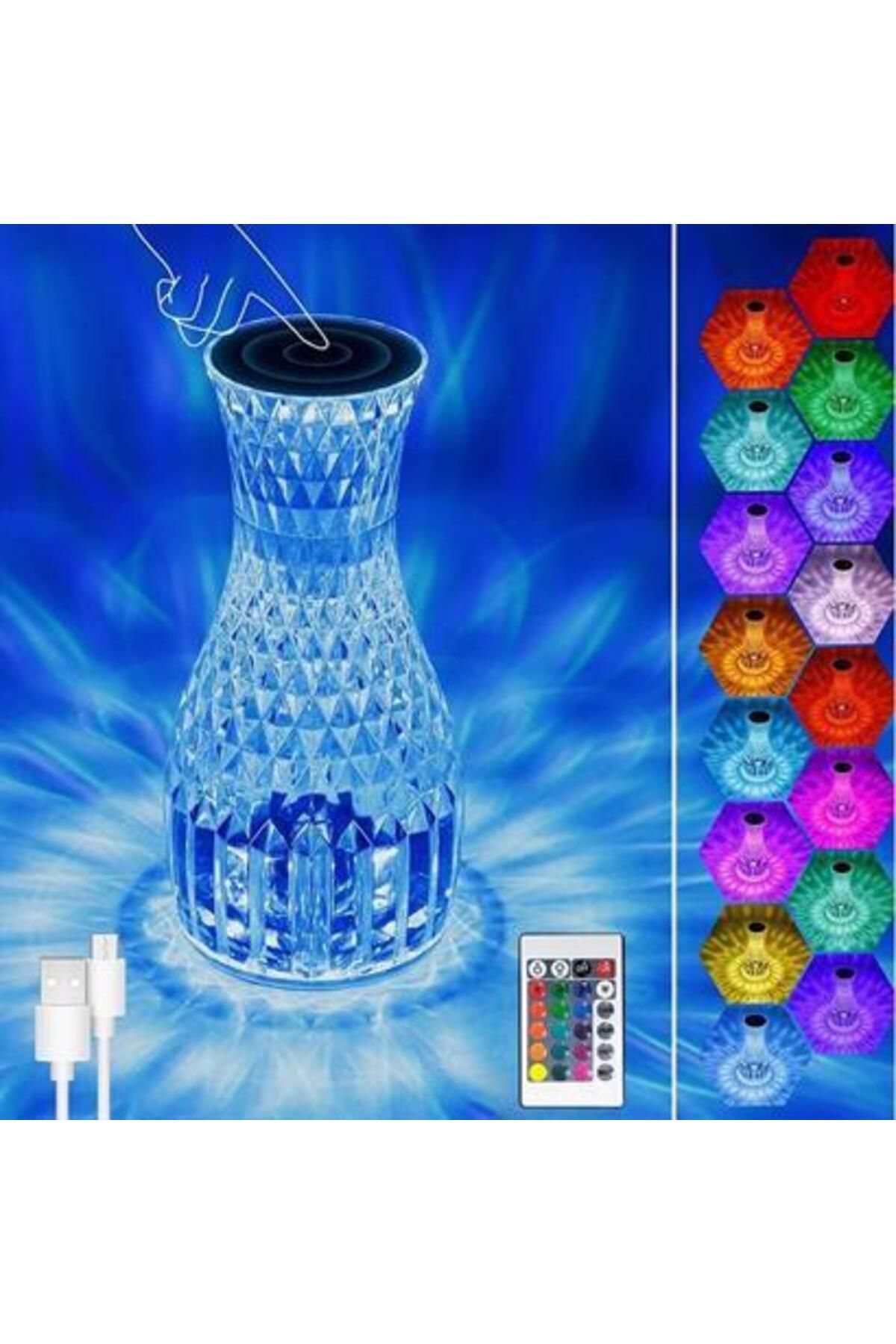 KırcıStore Sürahi Model USB Şarjlı Kumandalı 16 Farklı Işık Modlu Masa Üstü Kristal Akrilik Lamba Led