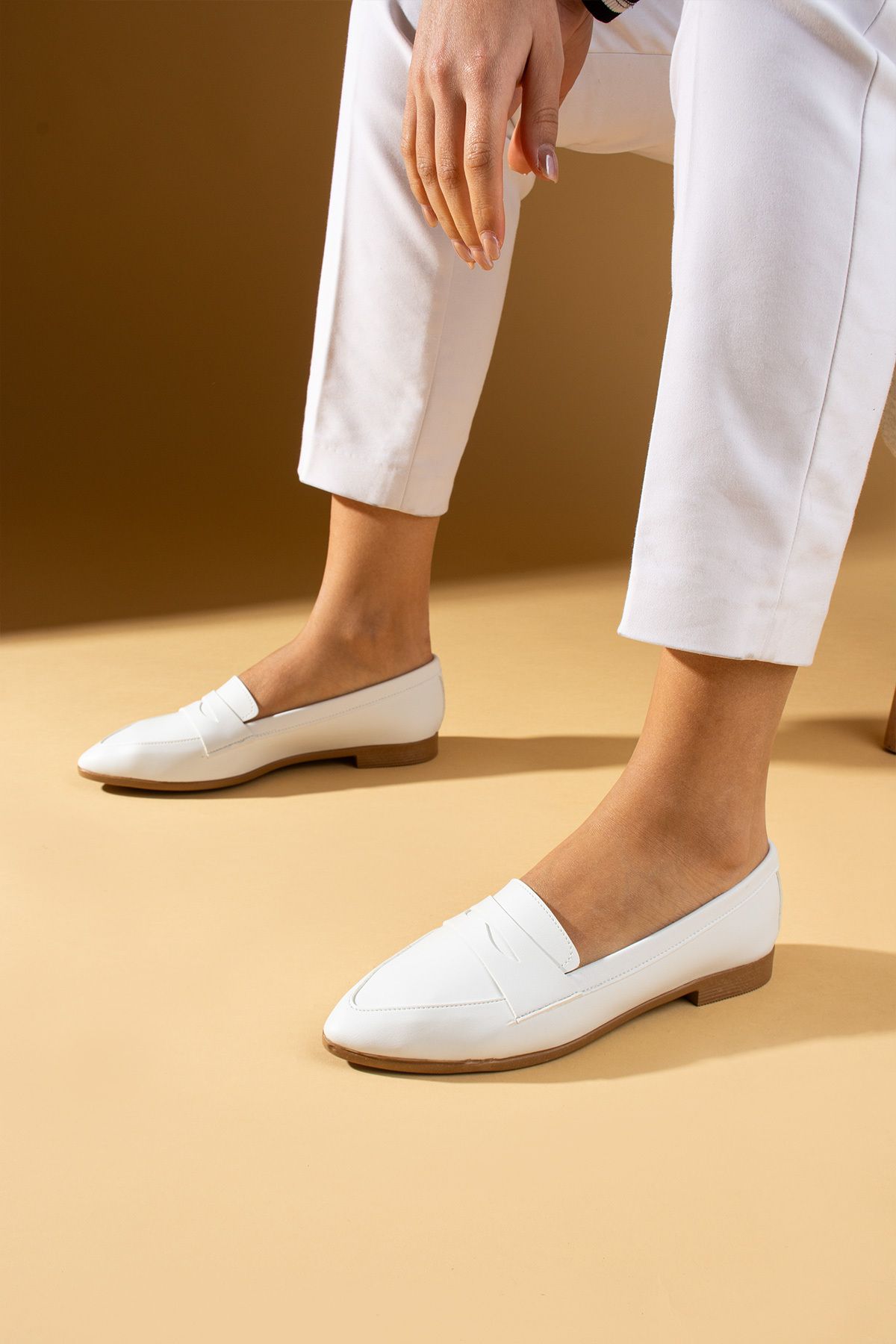 Pembe Potin Kadın Babet Beyaz Loafer Hafif Rahat Taban Şık Günlük Ayakkabı