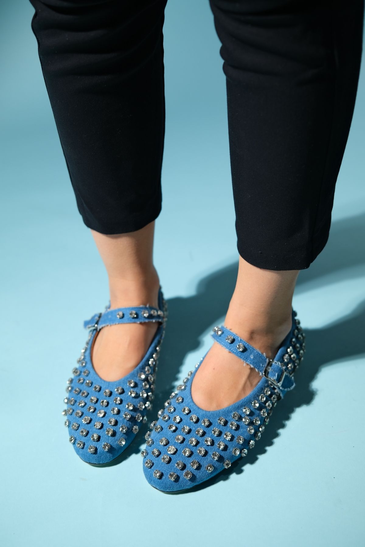 luvishoes PRAG Kot Mavi Taşlı Kadın Babet Ayakkabı