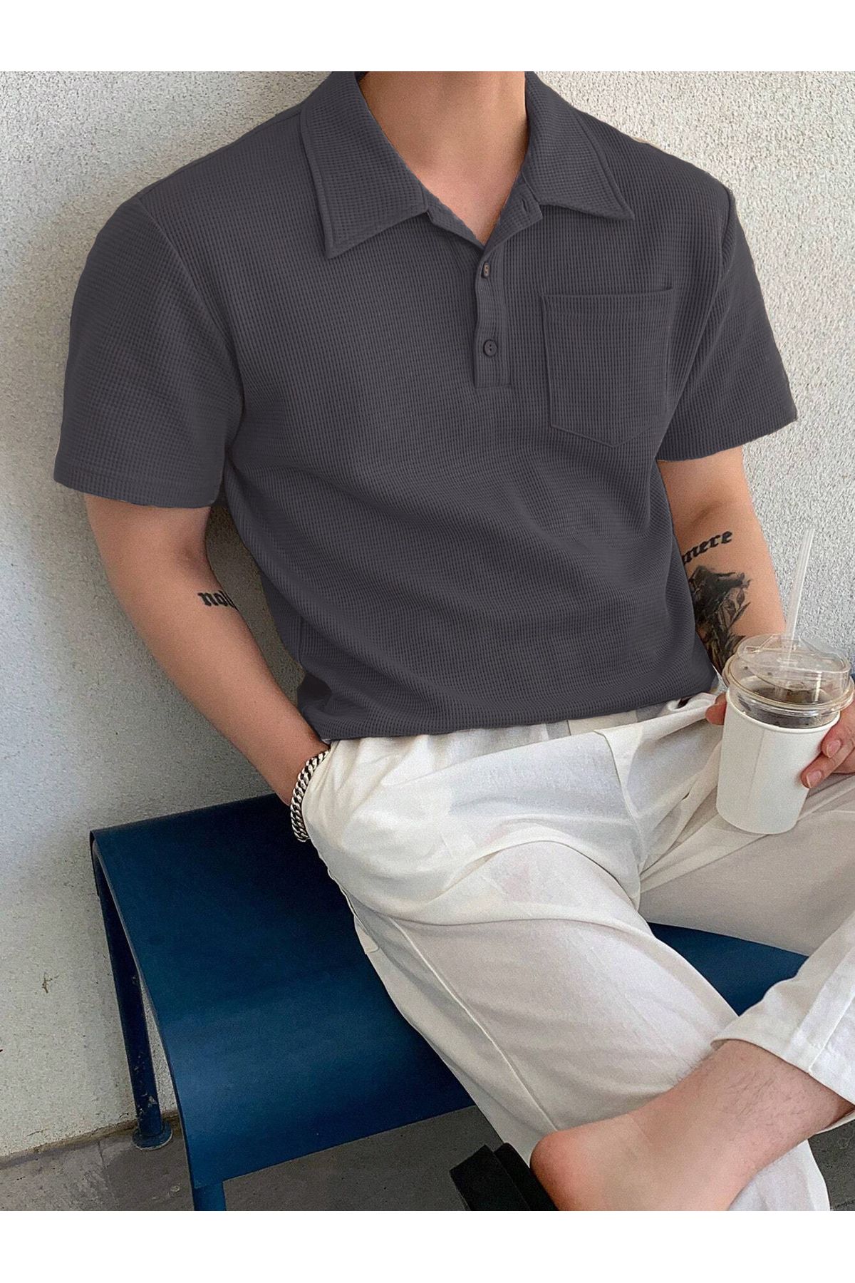 GENIUS STORE Erkek Oversize Polo Yaka  Waffle T-Shirt  POLOYAKA-DÜĞMELİ