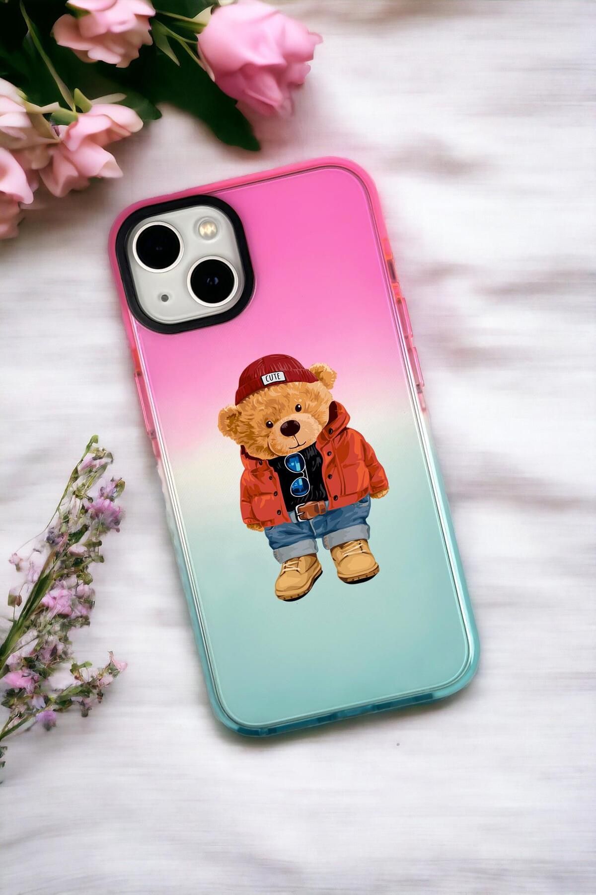 mooodcase iPhone 14 Plus Uyumlu Teddy Bear Desenli Premium Rainbow Silikonlu Telefon Kılıfı