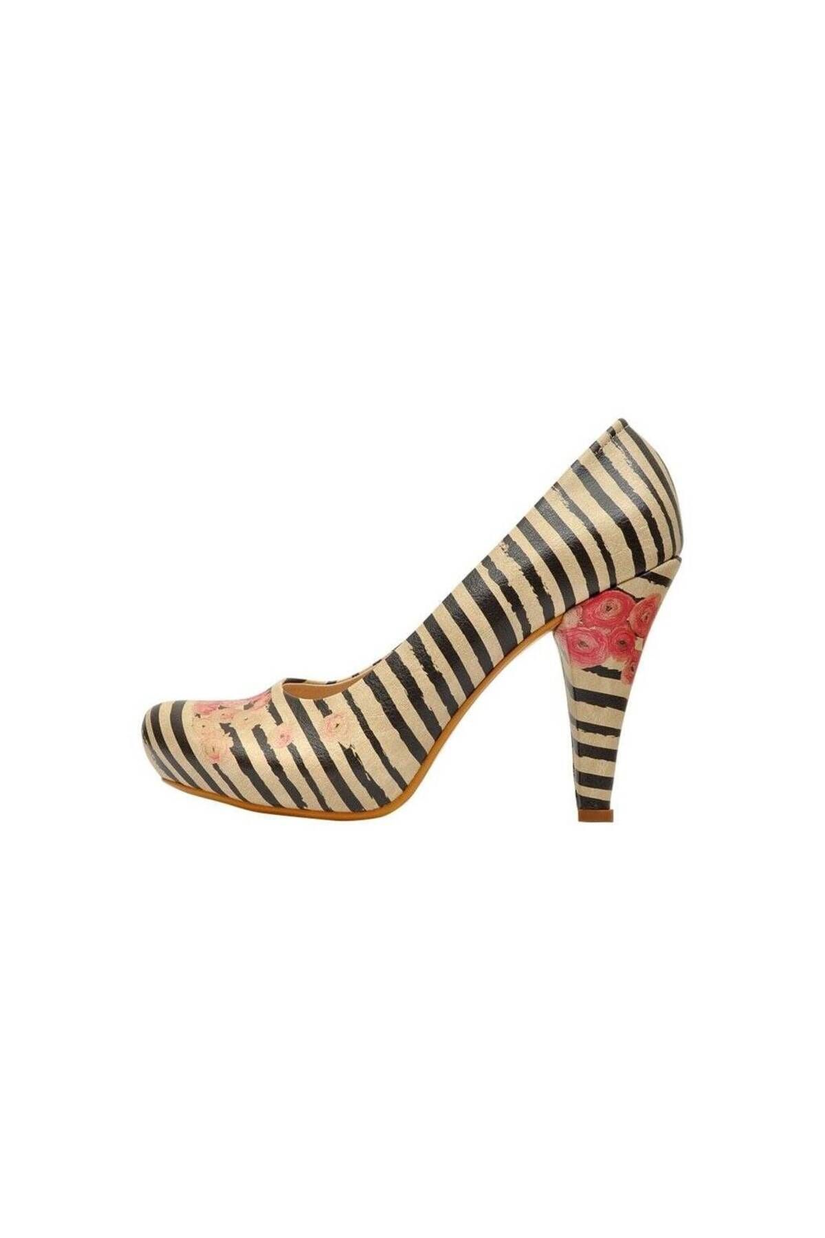 Dogo Kadın Vegan Deri Bej Topuklu Ayakkabı - Roses On Stripes Tasarım