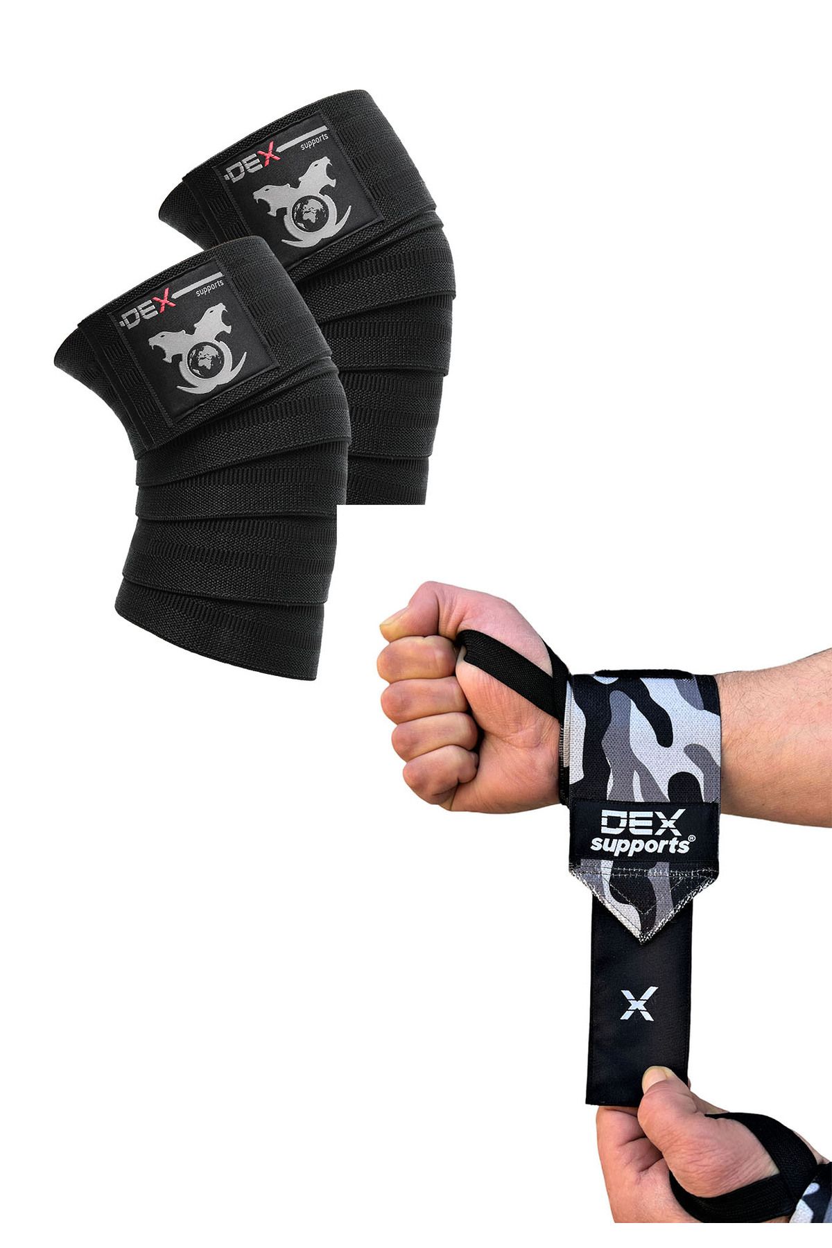 Dex Supports Lasting Energy Spor Dizlik - Knee Wraps  Legend Series - Wrist Wraps Kamuflaj 2'li Set