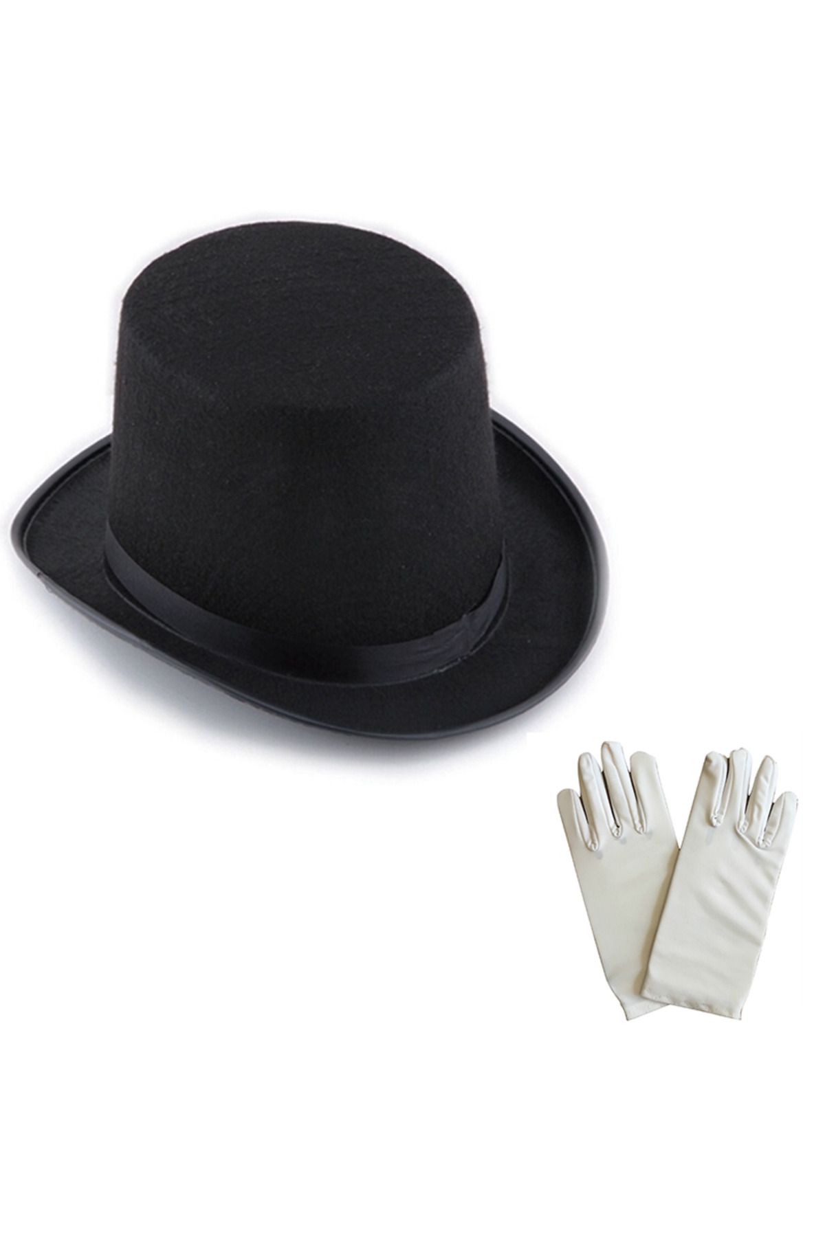 Afrodit Siyah Sihirbaz Fötr Şapka 15 cm - 1 Çift Beyaz Sihirbaz Eldiveni - Yetişkin Boy (CLZ)