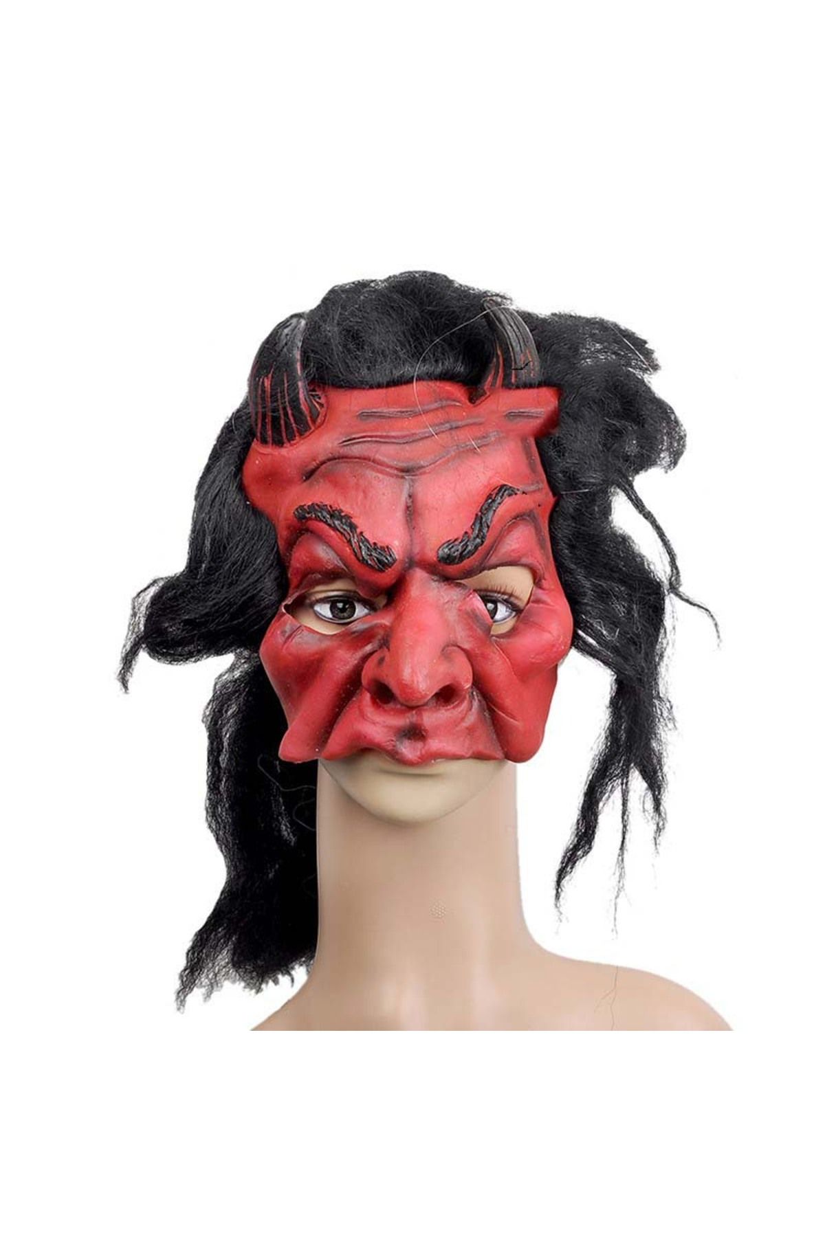 Afrodit Lateks Korku Maskesi Şeytan Boynuzlu Kırmızı Maske Saçlı (CLZ)